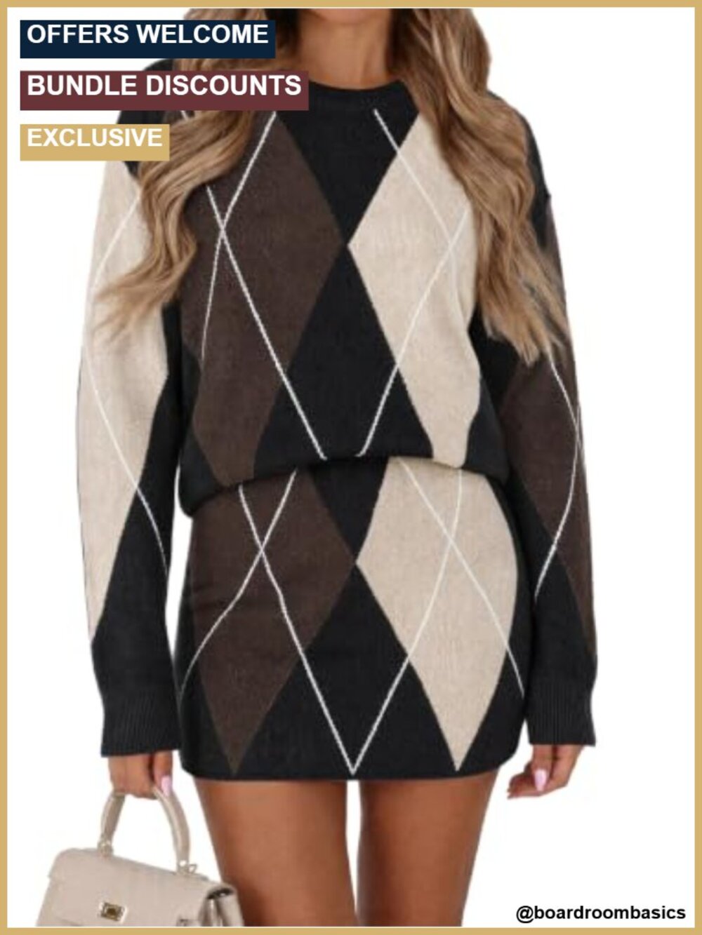 Women's 2-Piece Knit Sweater Skirt Set Plaid Argyle Pullover Long Sleeve